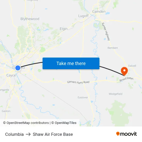 Columbia to Shaw Air Force Base map