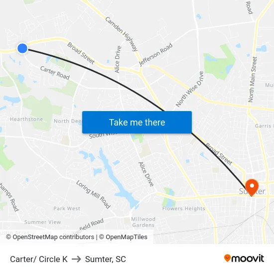 Carter/ Circle K to Sumter, SC map