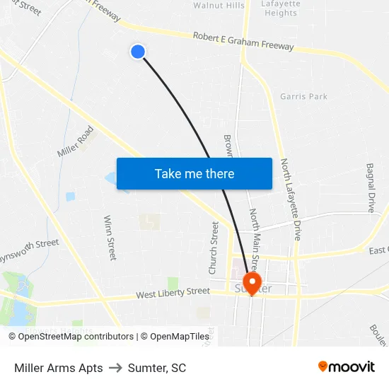 Miller Arms Apts to Sumter, SC map