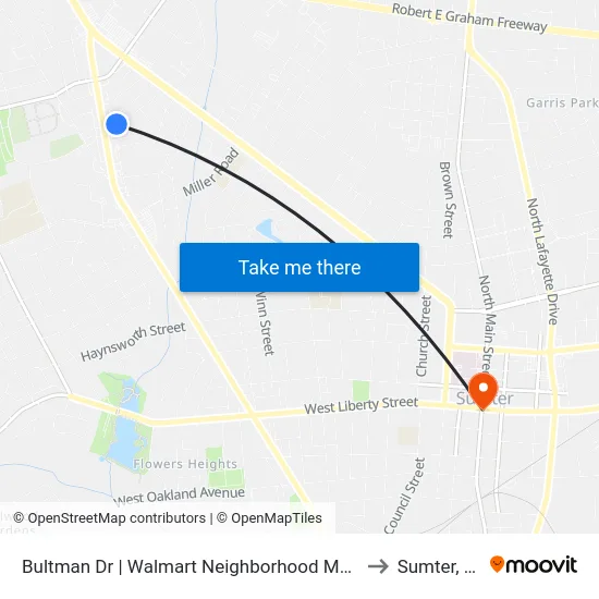 Bultman Dr | Walmart Neighborhood Market to Sumter, SC map