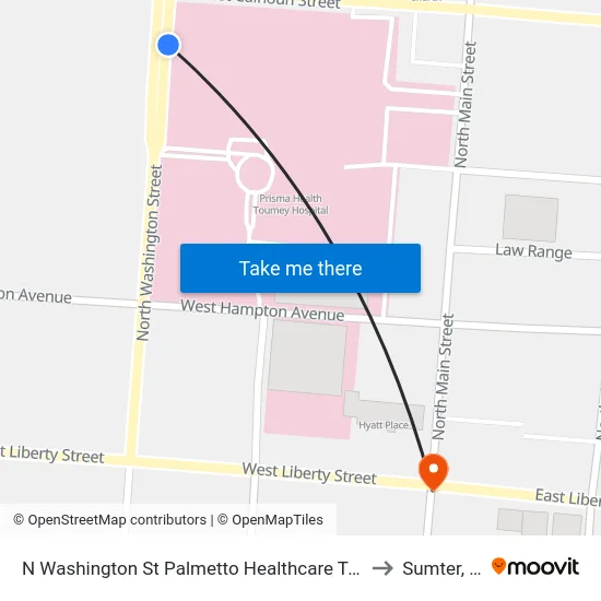 N Washington St Palmetto Healthcare Tuomey to Sumter, SC map