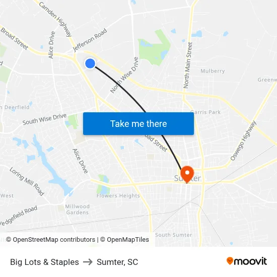 Big Lots & Staples to Sumter, SC map