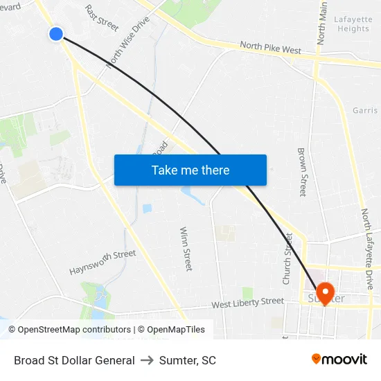 Broad St Dollar General to Sumter, SC map