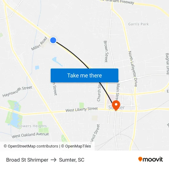 Broad St Shrimper to Sumter, SC map