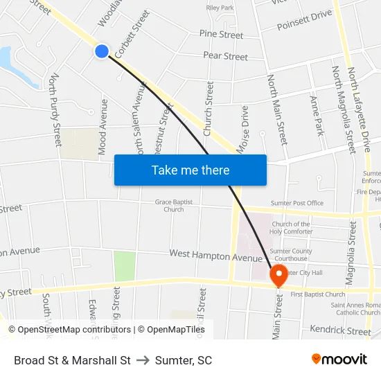Broad St & Marshall St to Sumter, SC map