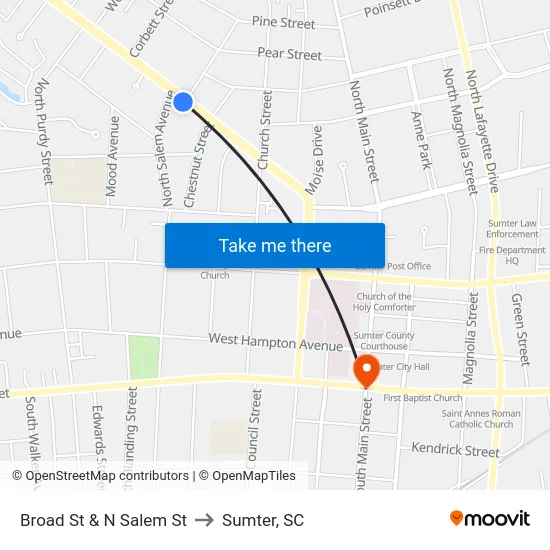 Broad St & N Salem St to Sumter, SC map