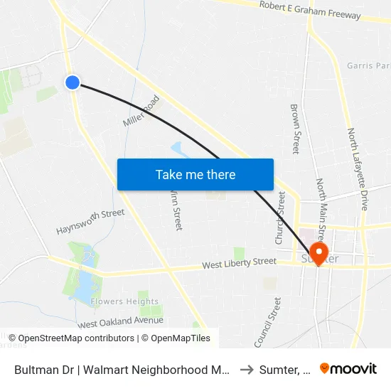 Bultman Dr | Walmart Neighborhood Market to Sumter, SC map