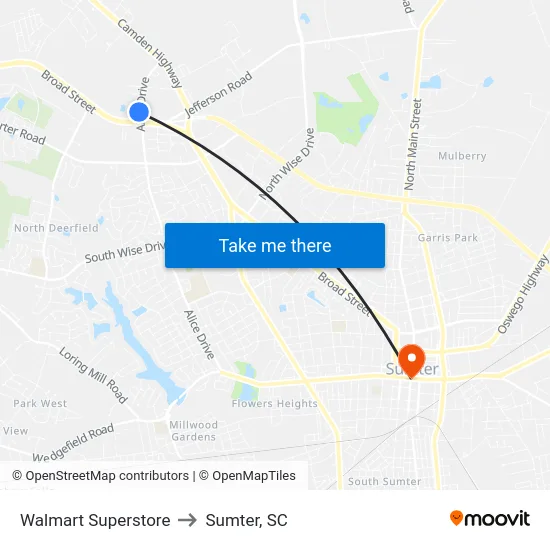 Walmart Superstore to Sumter, SC map