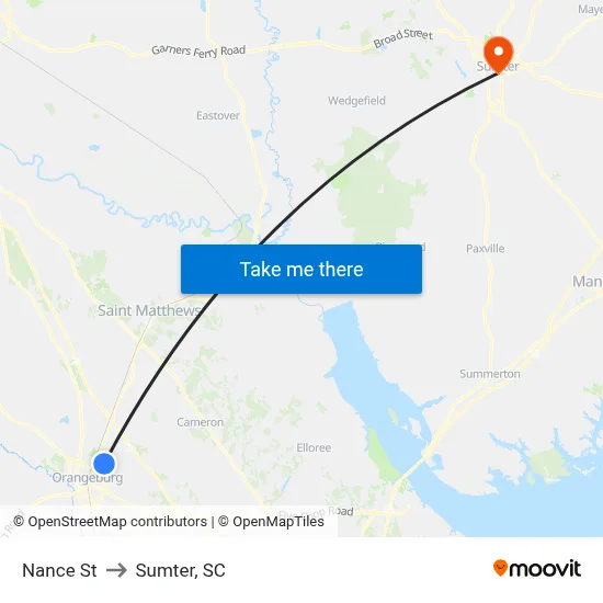 Nance St to Sumter, SC map