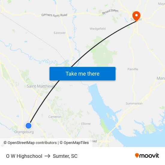 O W Highschool to Sumter, SC map