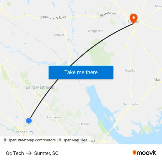 Oc Tech to Sumter, SC map