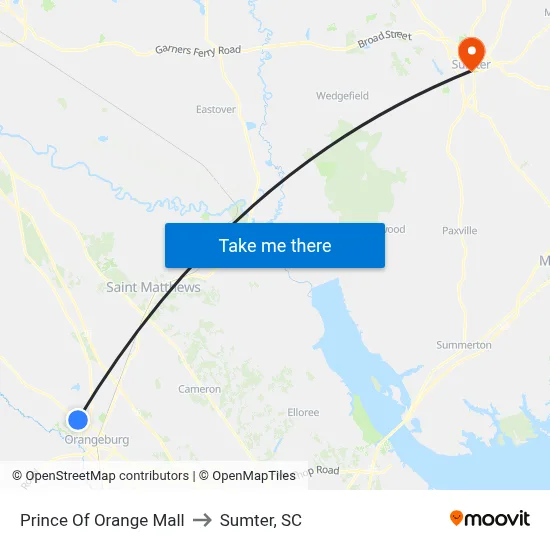 Prince Of Orange Mall to Sumter, SC map