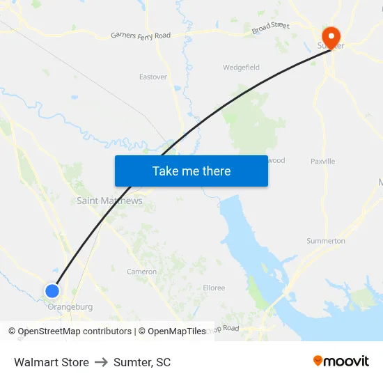 Walmart Store to Sumter, SC map