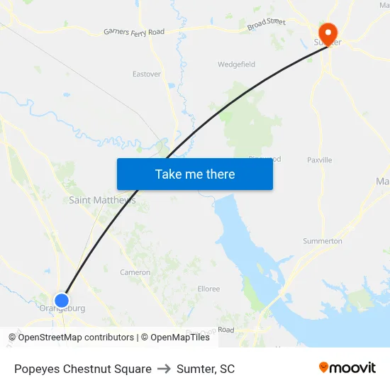 Popeyes Chestnut Square to Sumter, SC map
