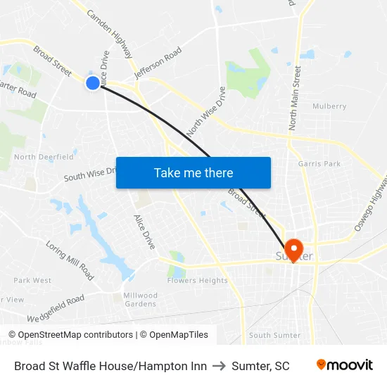Broad St Waffle House/Hampton Inn to Sumter, SC map
