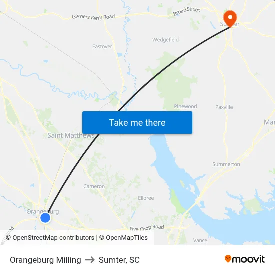 Orangeburg Milling to Sumter, SC map