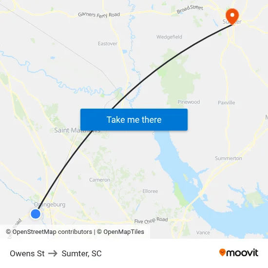 Owens St to Sumter, SC map