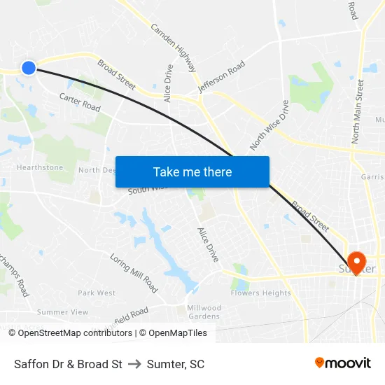 Saffon Dr & Broad St to Sumter, SC map