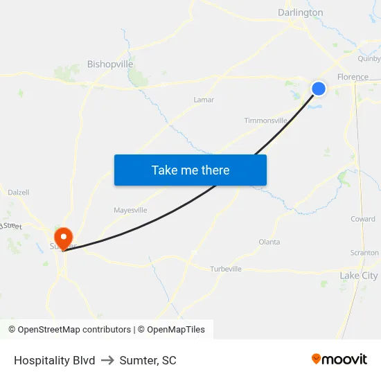 Hospitality Blvd to Sumter, SC map