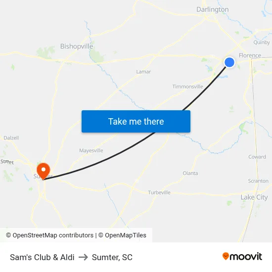 Sam's Club & Aldi to Sumter, SC map
