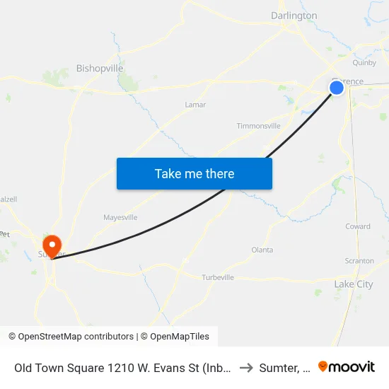 Old Town Square 1210 W. Evans St (Inbound) to Sumter, SC map