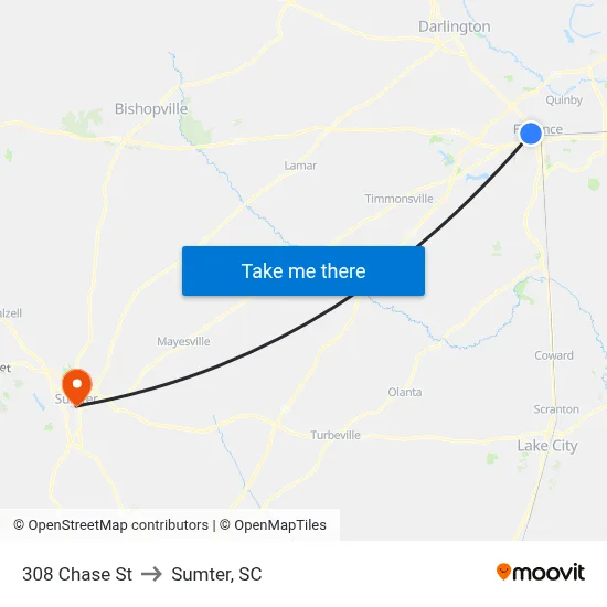 308 Chase St to Sumter, SC map
