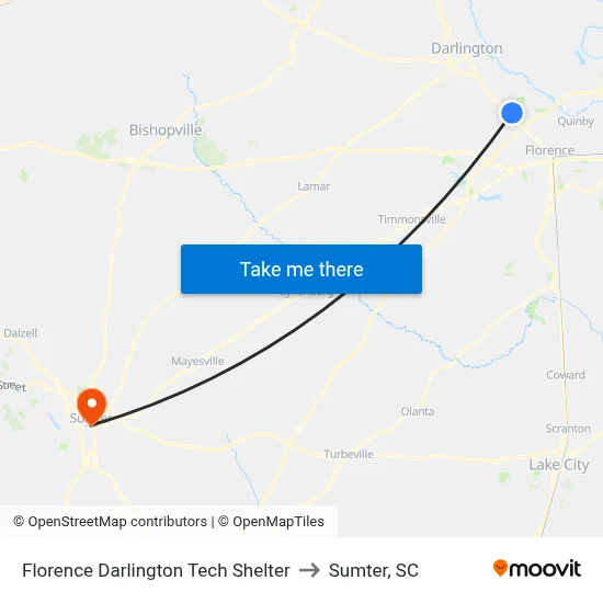 Florence Darlington Tech Shelter to Sumter, SC map