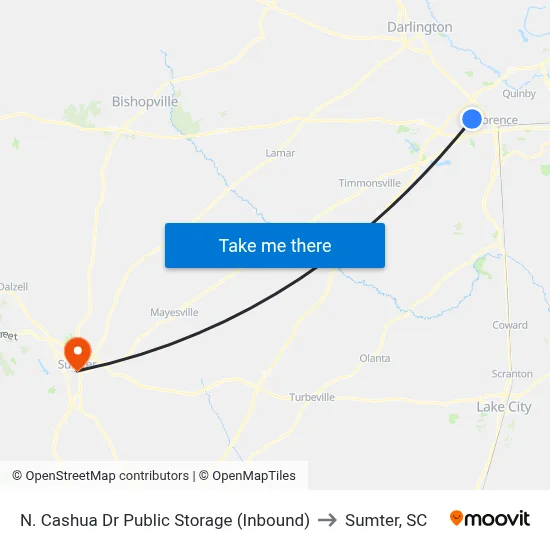 N. Cashua Dr Public Storage (Inbound) to Sumter, SC map