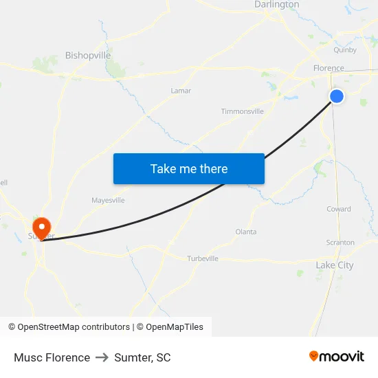 Musc Florence to Sumter, SC map