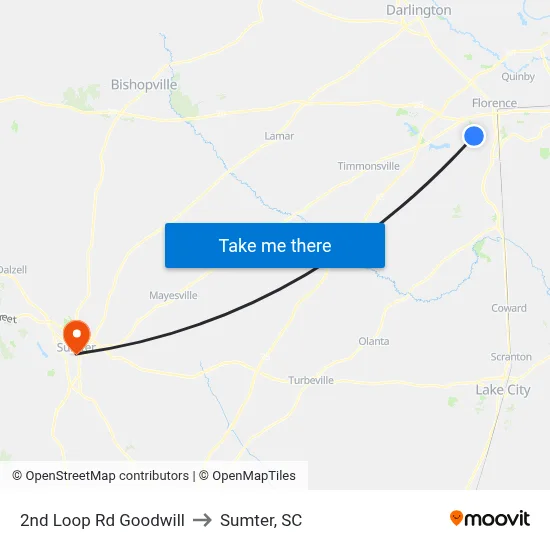 2nd Loop Rd Goodwill to Sumter, SC map
