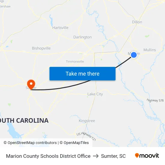 Marion County Schools District Office to Sumter, SC map