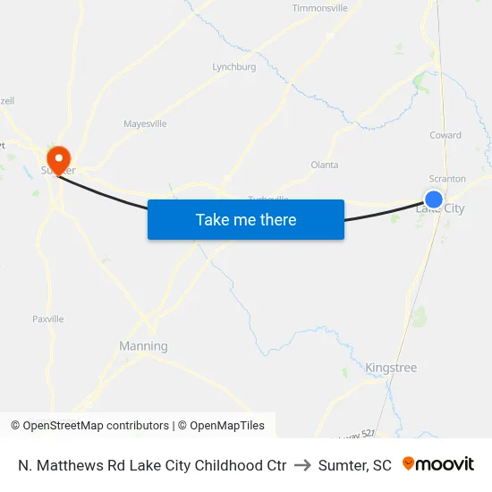 N. Matthews Rd Lake City Childhood Ctr to Sumter, SC map