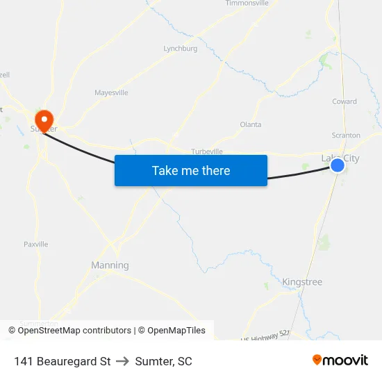 141 Beauregard St to Sumter, SC map