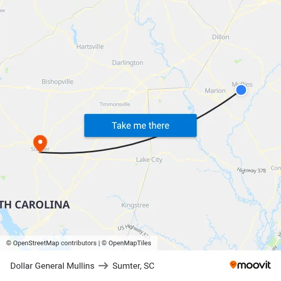 Dollar General Mullins to Sumter, SC map