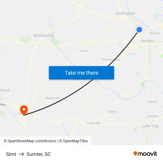Simt to Sumter, SC map