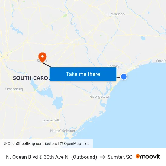 N. Ocean Blvd & 30th Ave N. (Outbound) to Sumter, SC map