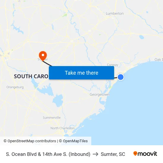 S. Ocean Blvd & 14th Ave S. (Inbound) to Sumter, SC map