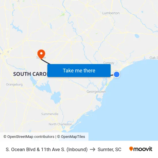 S. Ocean Blvd & 11th Ave S. (Inbound) to Sumter, SC map