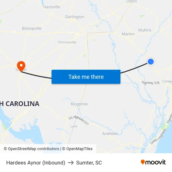 Hardees Aynor (Inbound) to Sumter, SC map