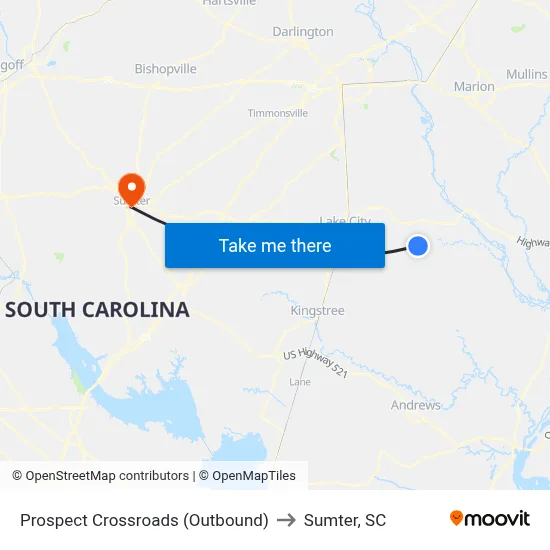 Prospect Crossroads (Outbound) to Sumter, SC map