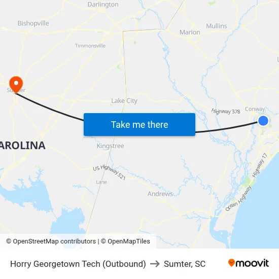 Horry Georgetown Tech (Outbound) to Sumter, SC map