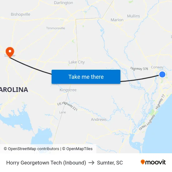 Horry Georgetown Tech (Inbound) to Sumter, SC map