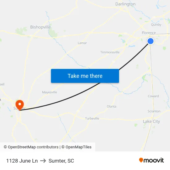 1128 June Ln to Sumter, SC map