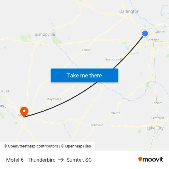 Motel 6 - Thunderbird to Sumter, SC map