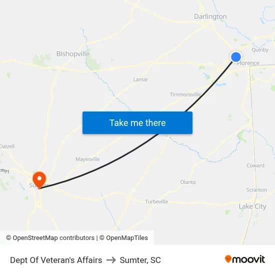 Dept Of Veteran's Affairs to Sumter, SC map