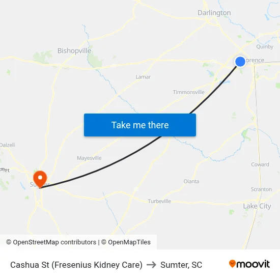 Cashua St (Fresenius Kidney Care) to Sumter, SC map