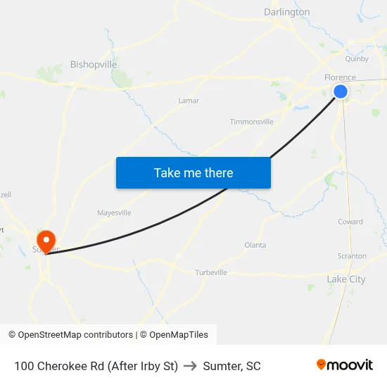 100 Cherokee Rd (After Irby St) to Sumter, SC map