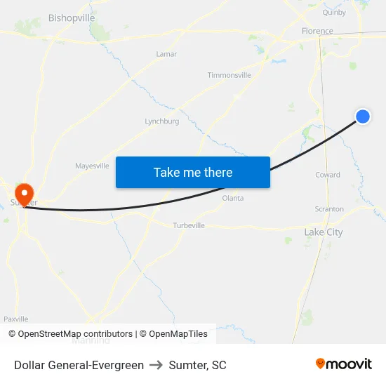 Dollar General-Evergreen to Sumter, SC map