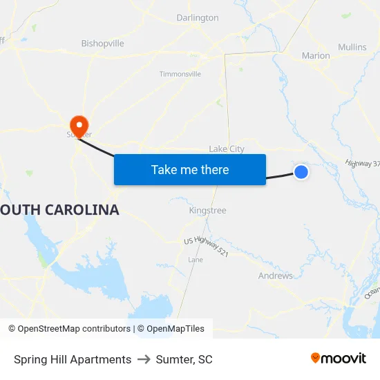 Spring Hill Apartments to Sumter, SC map