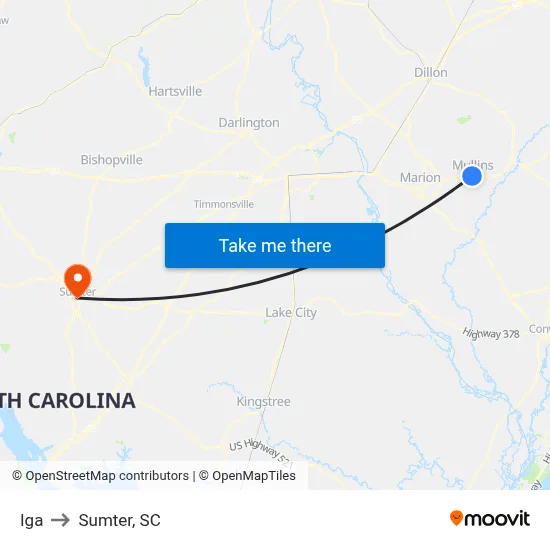 Iga to Sumter, SC map